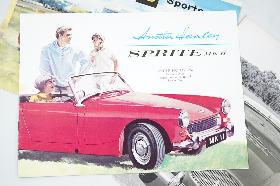 Four 1950s and 1960s motor car manufacturer’s brochures; the Bristol, the Austin Healey Sprite Mk.II (produced 1961-64), and two Triumph T.R.3 Sports (produced 1955-1962)